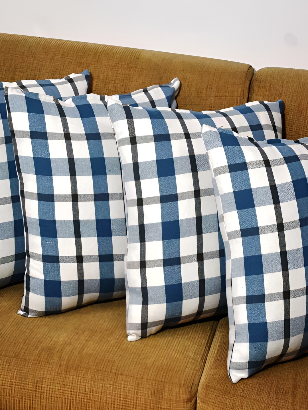 

Aura Wilburn Blue & White 4 Pieces Checked Cotton Square Cushion Covers