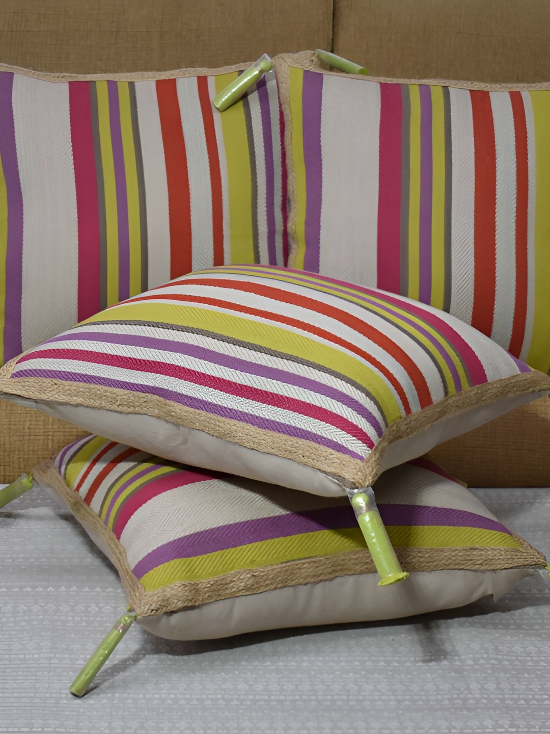 

Aura Green & Red 4Pcs Striped Cotton Square Cushion Covers