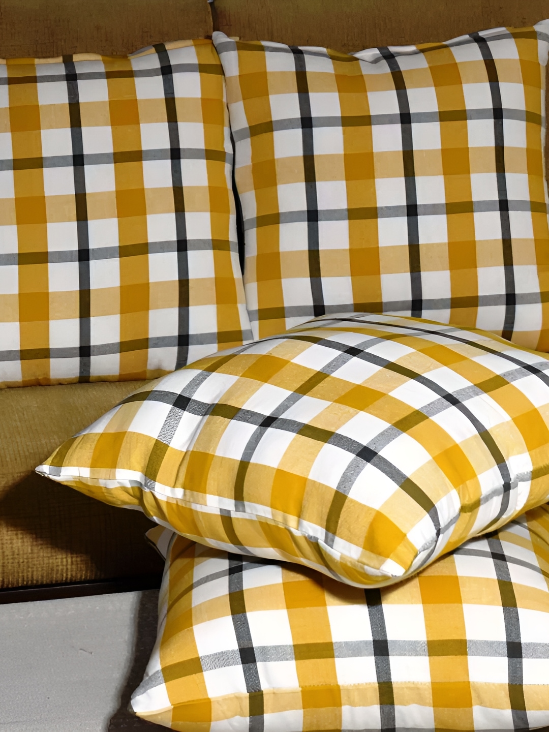 

Aura Yellow & White 4Pcs Checked Cotton Square Cushion Covers