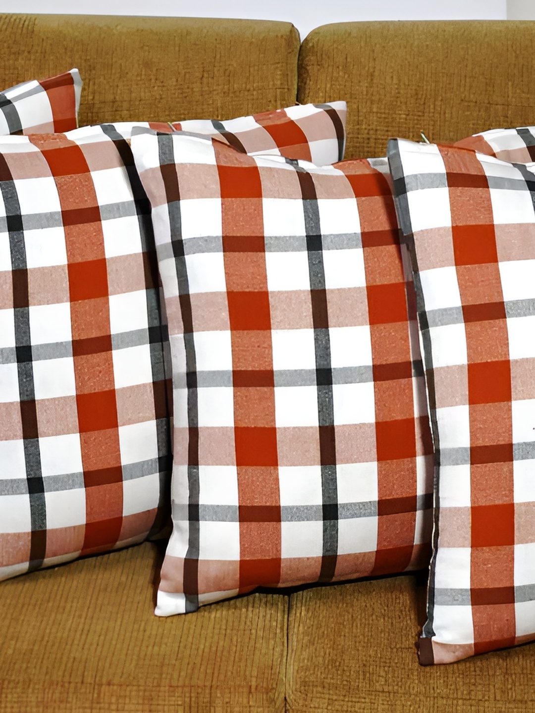 

Aura Orange & White 4Pcs Checked Cotton Square Cushion Covers