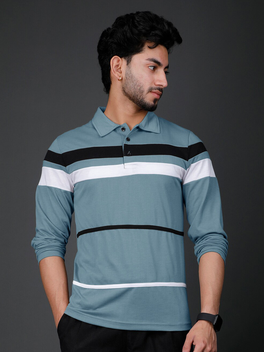 

Eyebogler Striped Polo Collar Cotton Knitted T-shirt, White