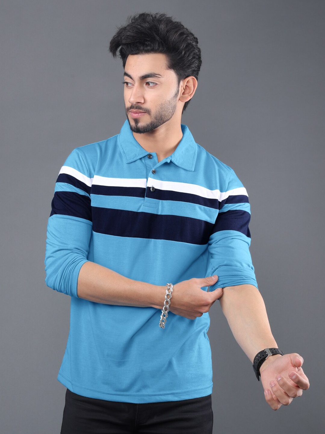 

Eyebogler Striped Polo Collar Long Sleeves Cotton T-shirt, Blue