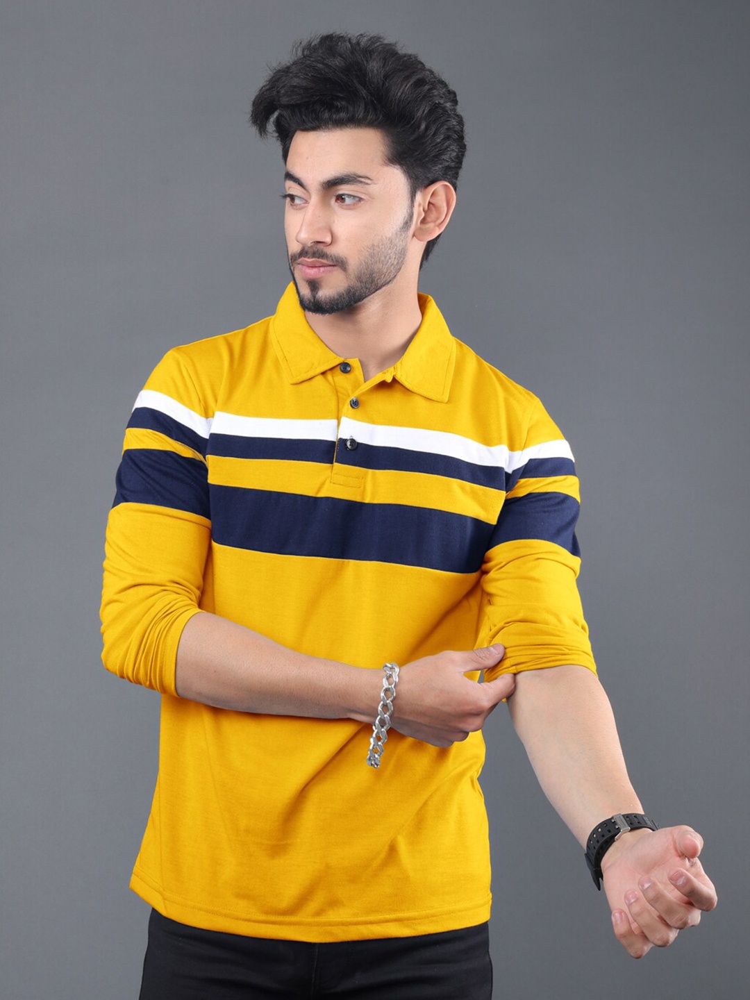 

Eyebogler Striped Polo Collar Long Sleeves Cotton T-shirt, Yellow