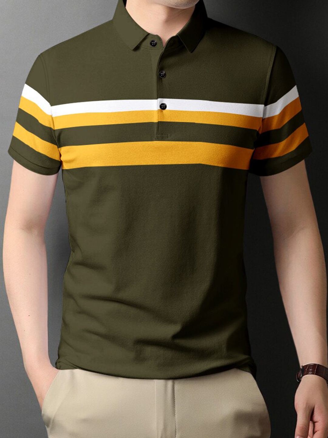 

Eyebogler Striped Polo Collar Cotton Applique Knitted T-shirt, Olive