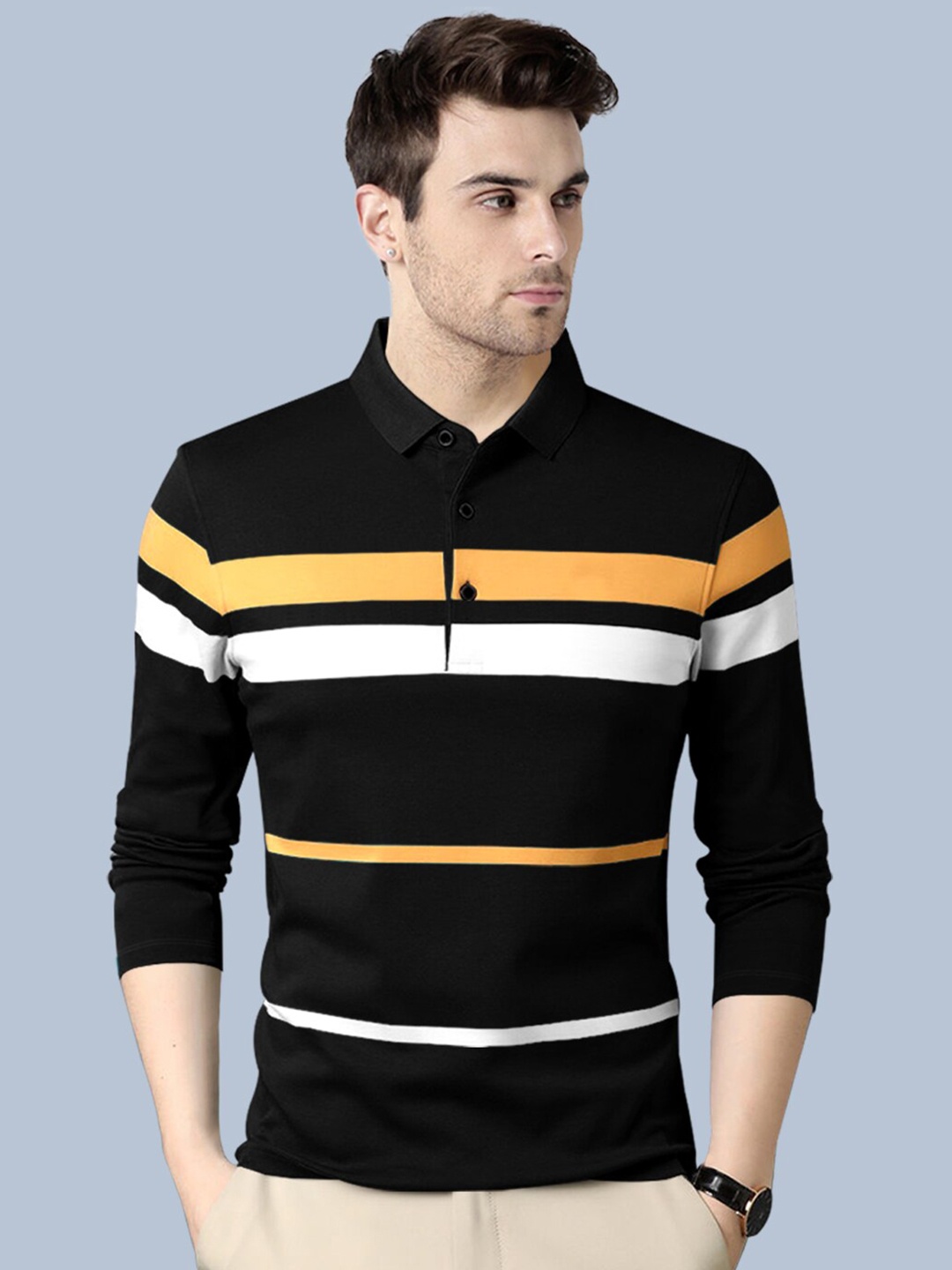 

Eyebogler Striped Polo Collar Three-Quarter Sleeves Cotton T-shirt, Black