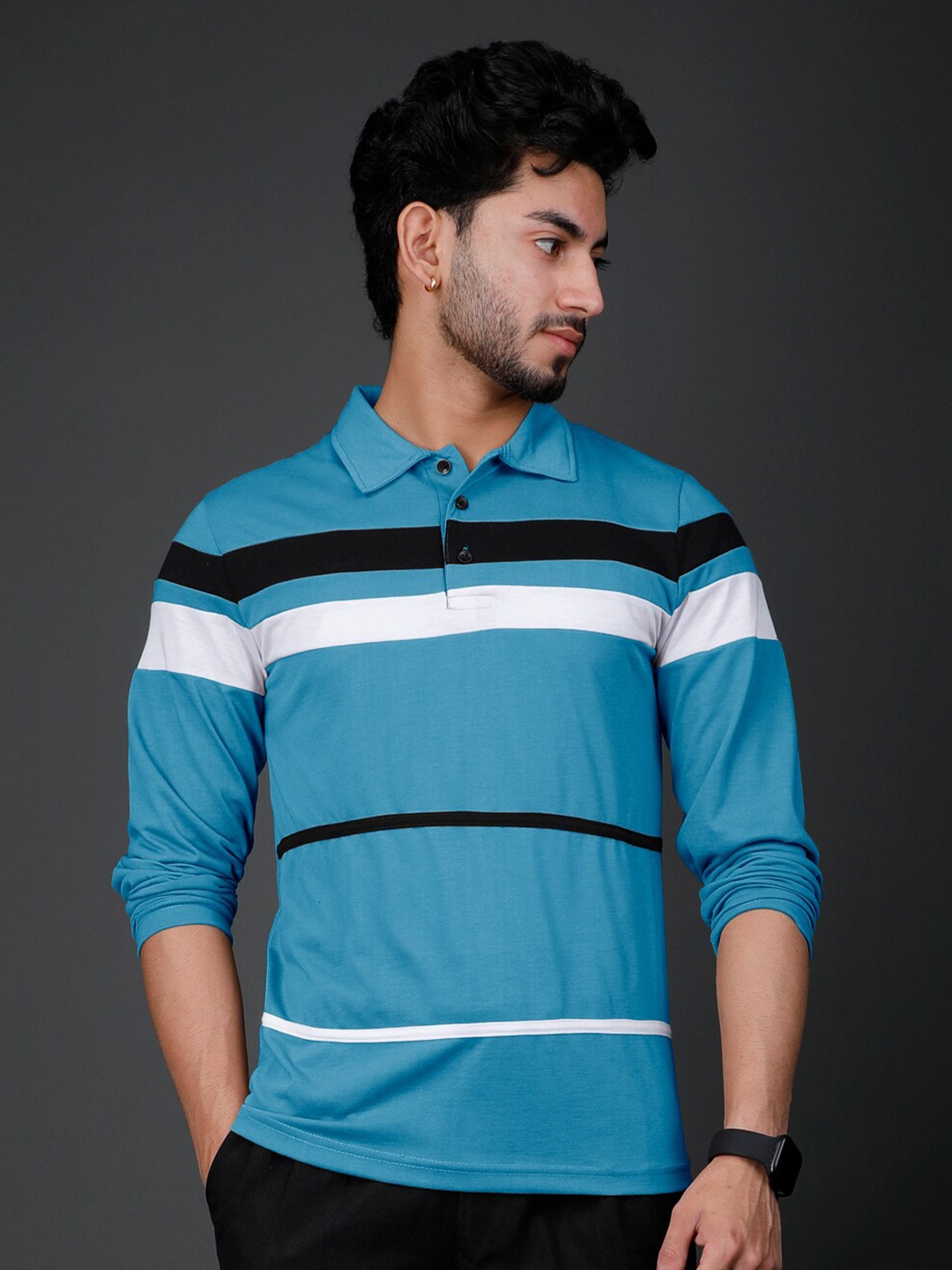 

Eyebogler Striped Polo Collar Cotton Knitted T-shirt, Blue