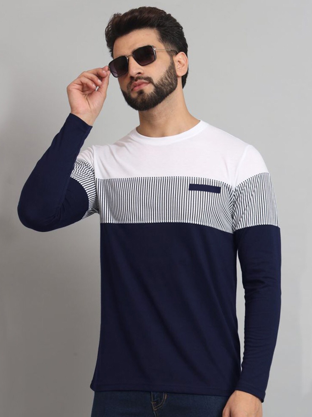 

Eyebogler Colourblocked Round Neck Long Sleeves Cotton T-shirt, Navy blue