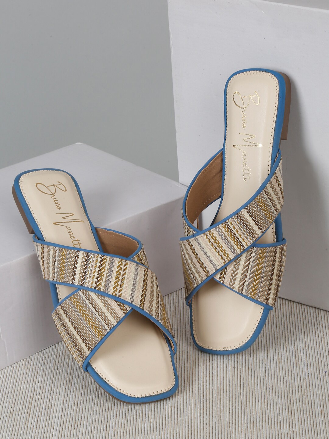 

Bruno Manetti Printed Open Toe Flats, Blue
