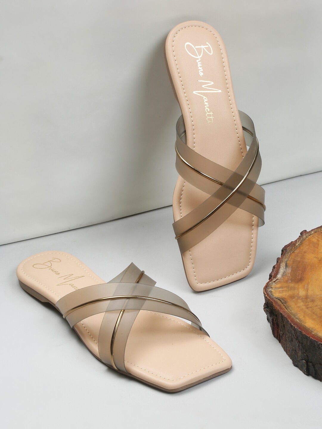 

Bruno Manetti Striped Open Toe Flats, Nude