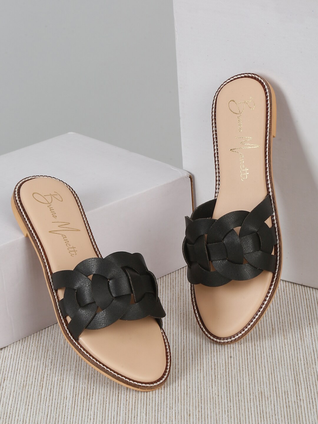 

Bruno Manetti Textured Open Toe Flats, Black