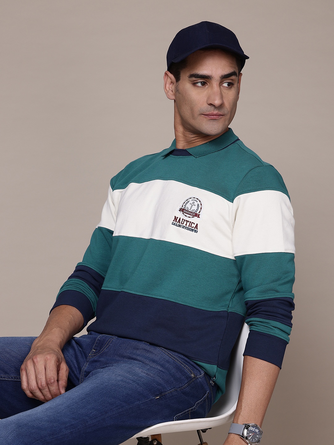 

Nautica Striped Polo Sweatshirt, Teal