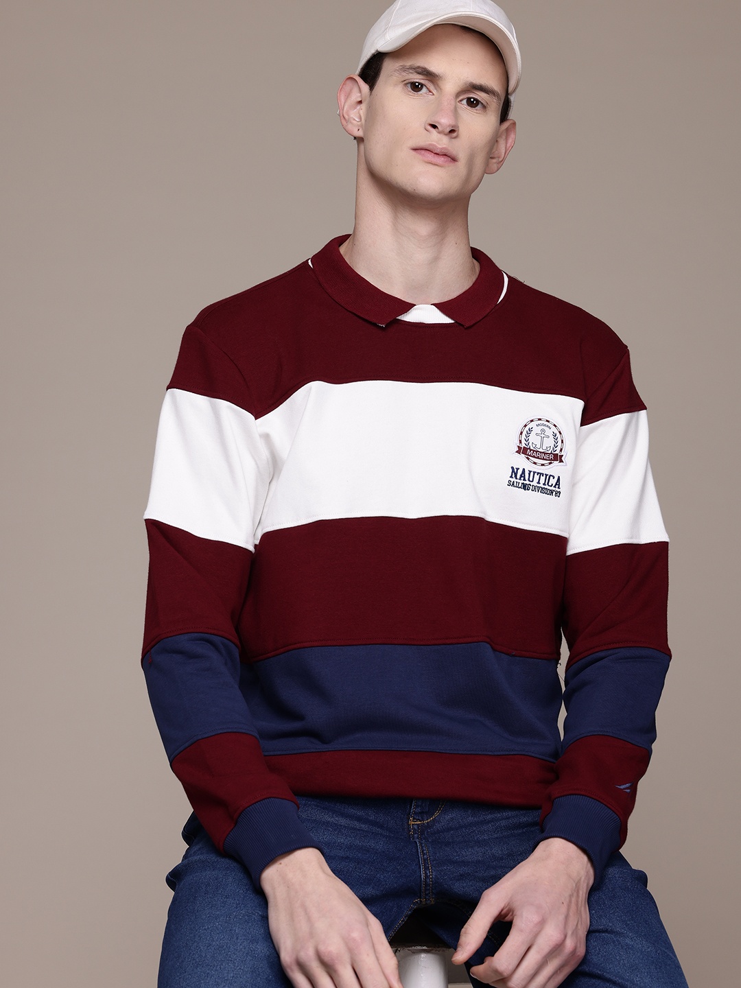 

Nautica Attached Collar Striped Sweatshirt, Maroon