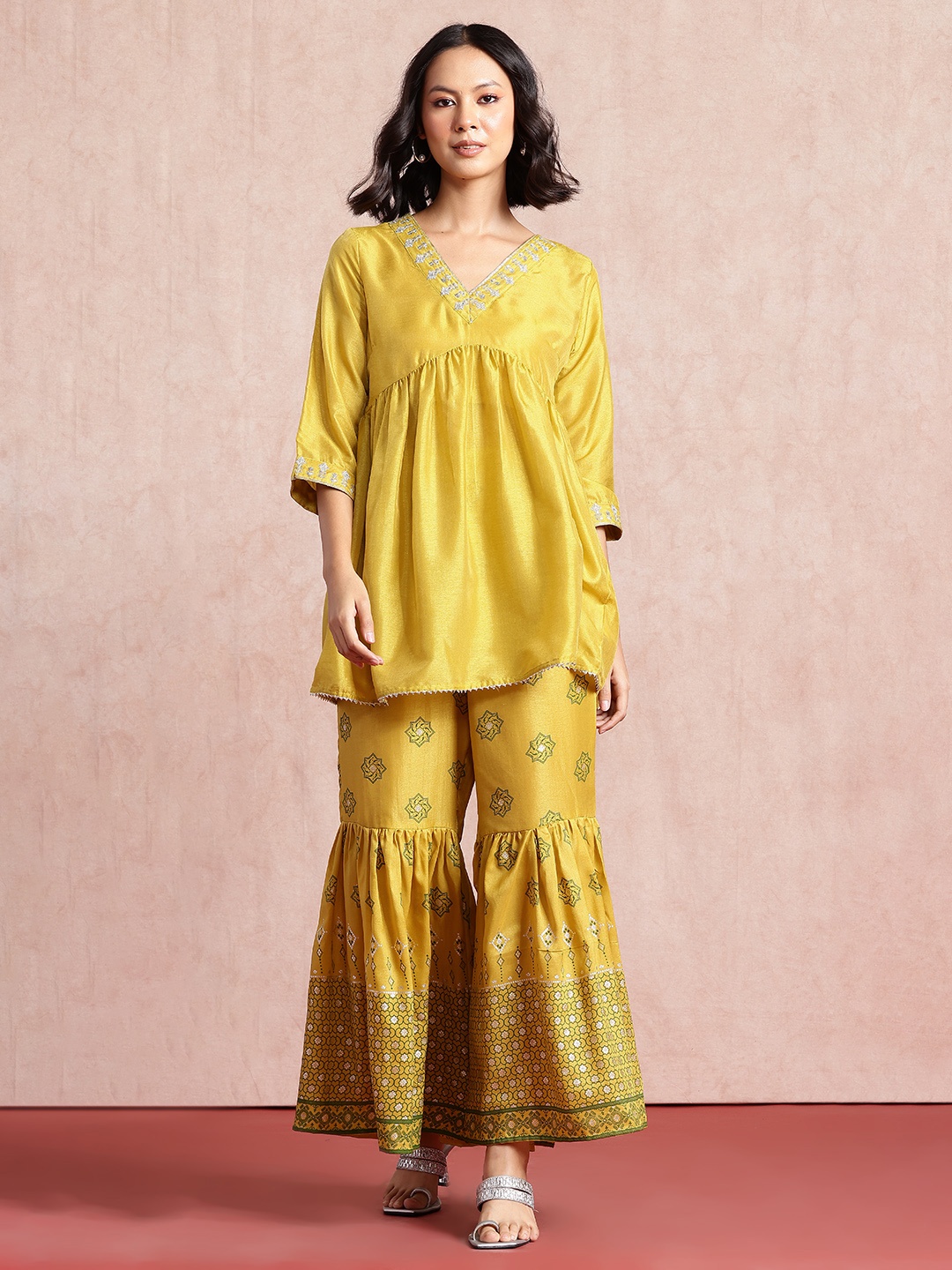 

all about you Pleated Sequinned Kurta With Sharara, Lime green