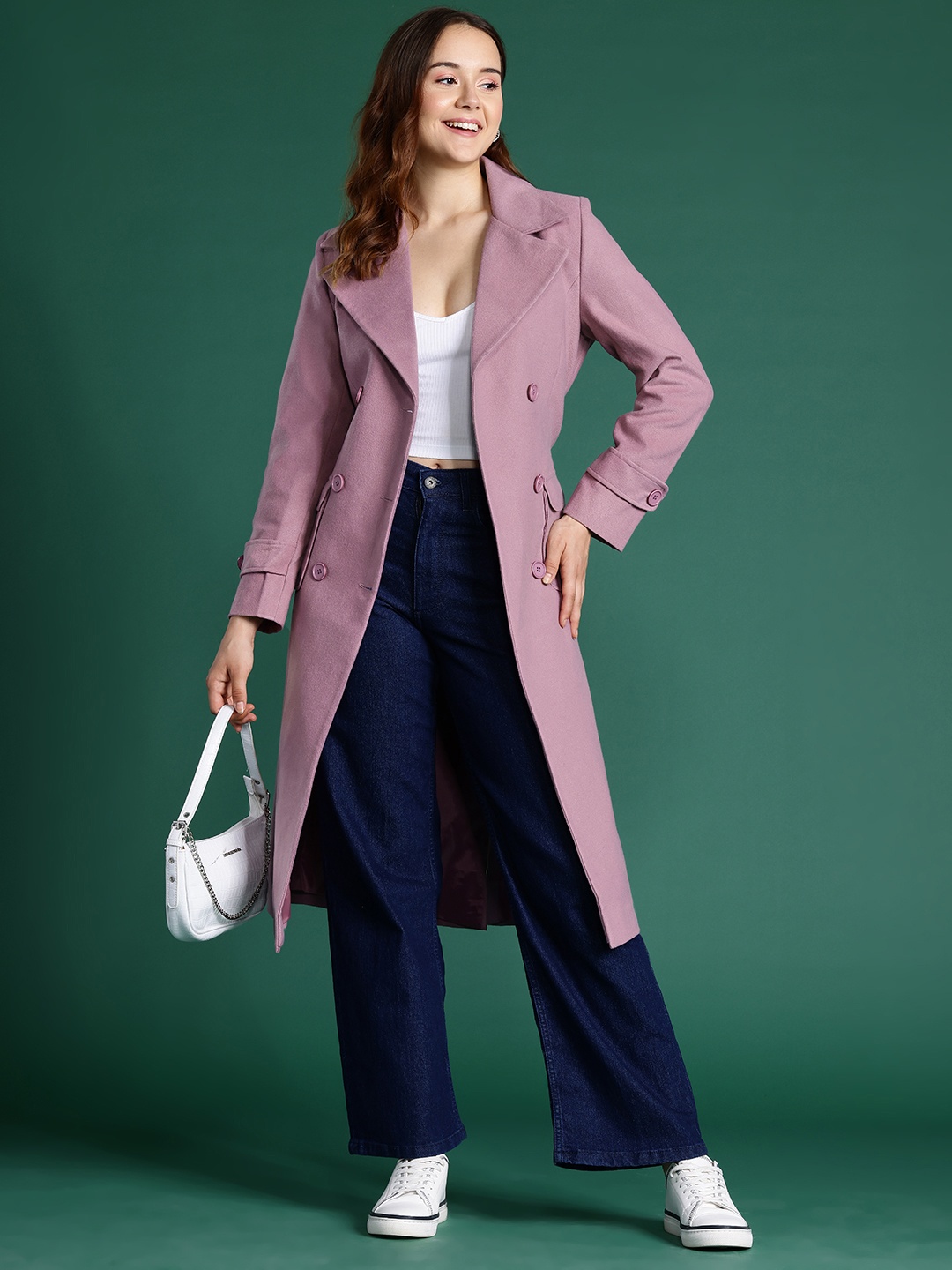 

DressBerry Lapel Collar Longline Overcoat with Belt, Mauve