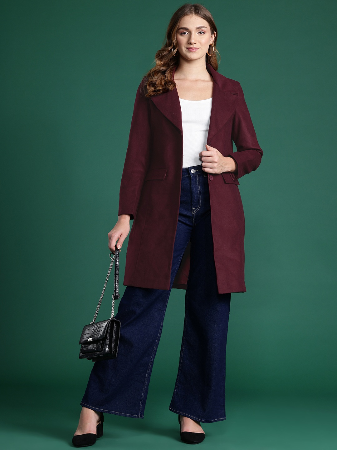 

DressBerry Notched Lapel Collar Overcoat, Burgundy