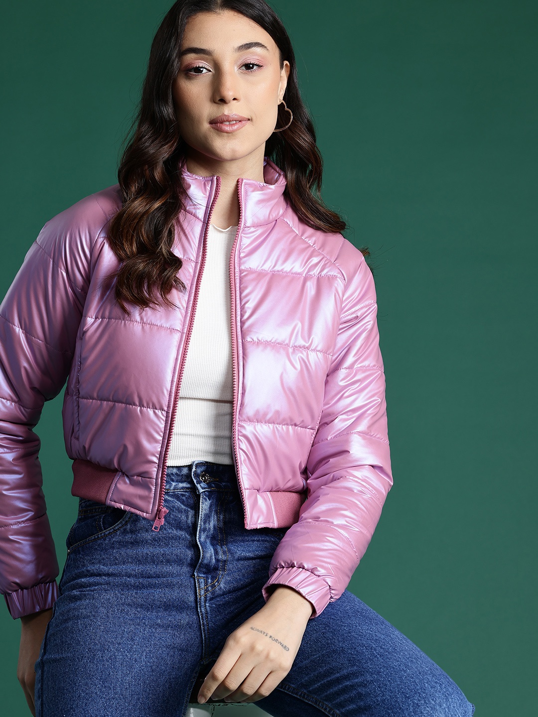 

DressBerry Cropped Puffer Bomber Jacket, Pink