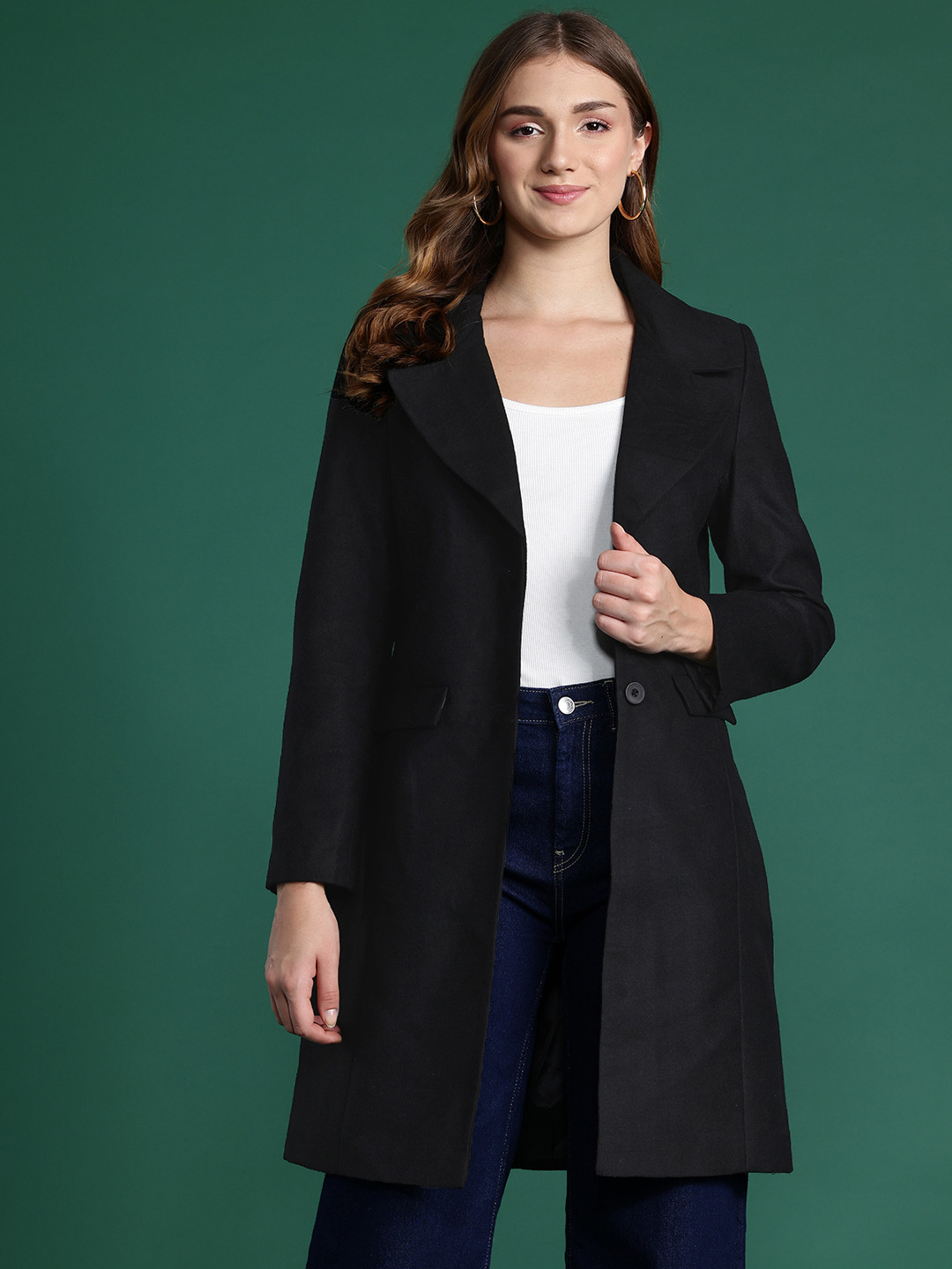 

DressBerry Notched Lapel Collar Overcoat, Black