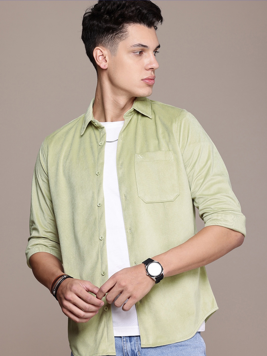 

WROGN Self Design Slim Fit Casual Shirt, Green