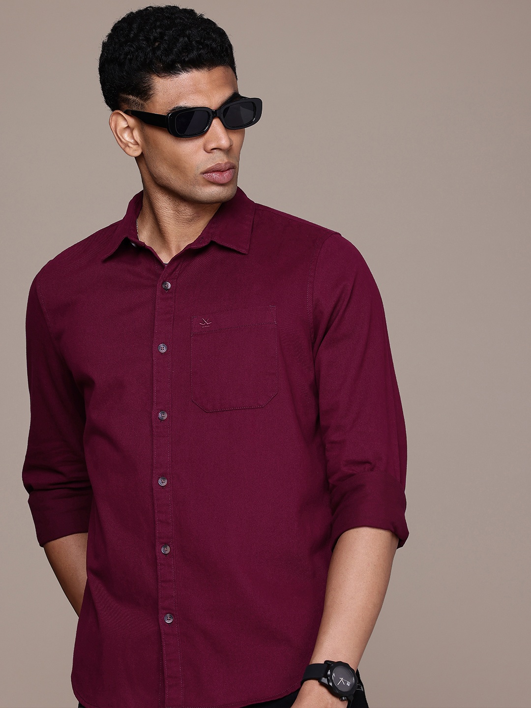 

WROGN Slim Fit Pure Cotton Casual Shirt, Maroon