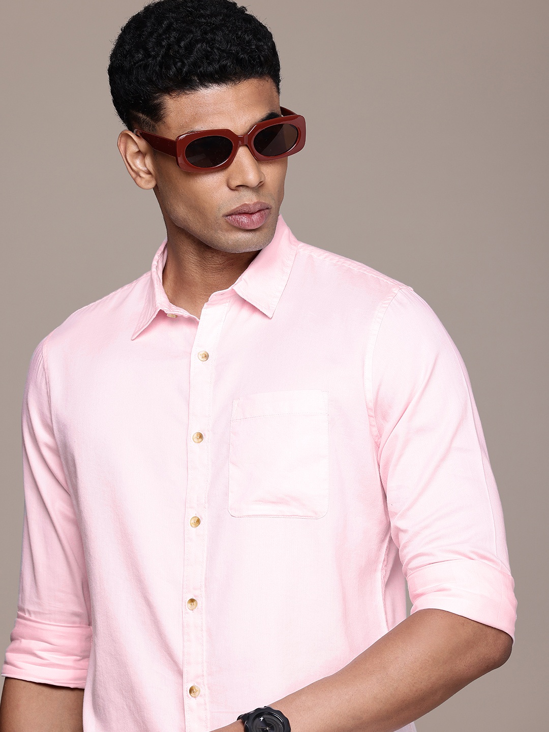 

WROGN Pure Cotton Slim Fit Casual Shirt, Pink
