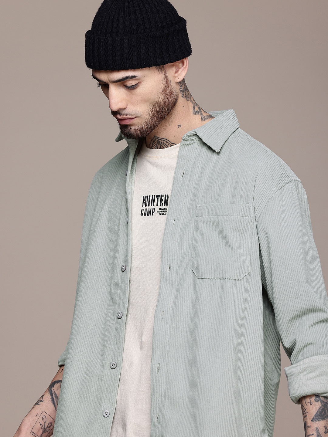

WROGN Corduroy Opaque Casual Shirt, Grey