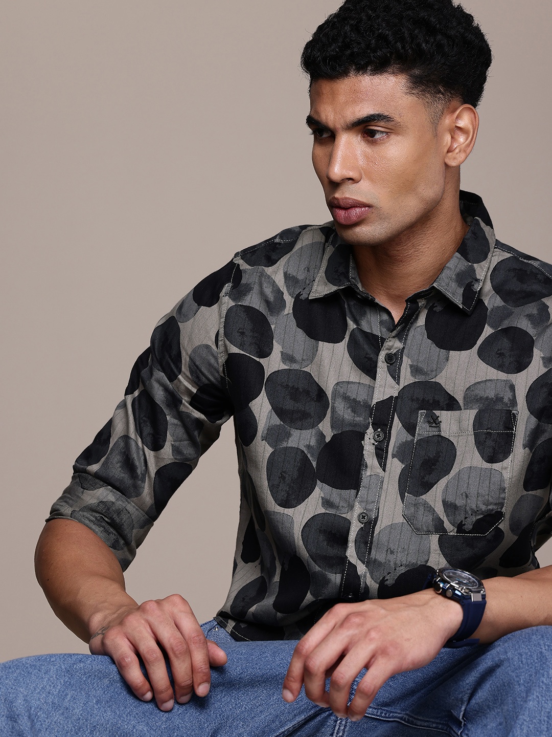 

WROGN Men Slim Fit Printed Pure Cotton Casual Shirt, Grey