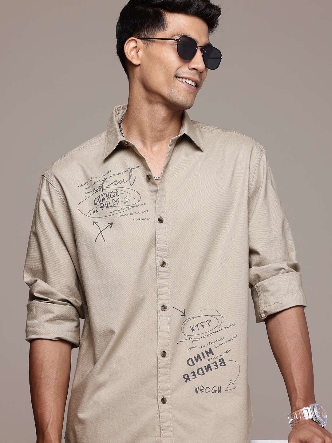 

WROGN Printed Pure Cotton Casual Shirt, Taupe