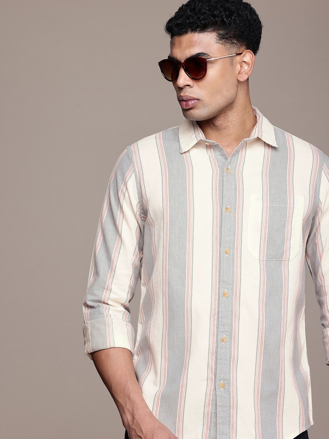 

WROGN Slim Fit Striped Casual Shirt, Grey