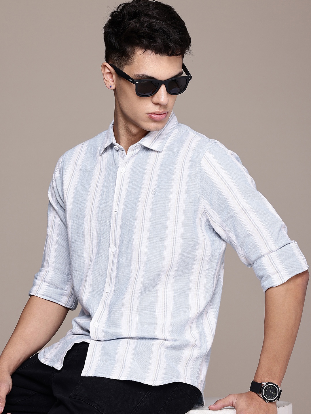 

WROGN Pure Cotton Slim Fit Striped Casual Shirt, Blue