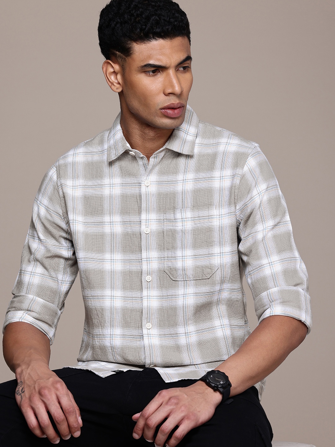 

WROGN Pure Cotton Slim Fit Checked Casual Shirt, Grey