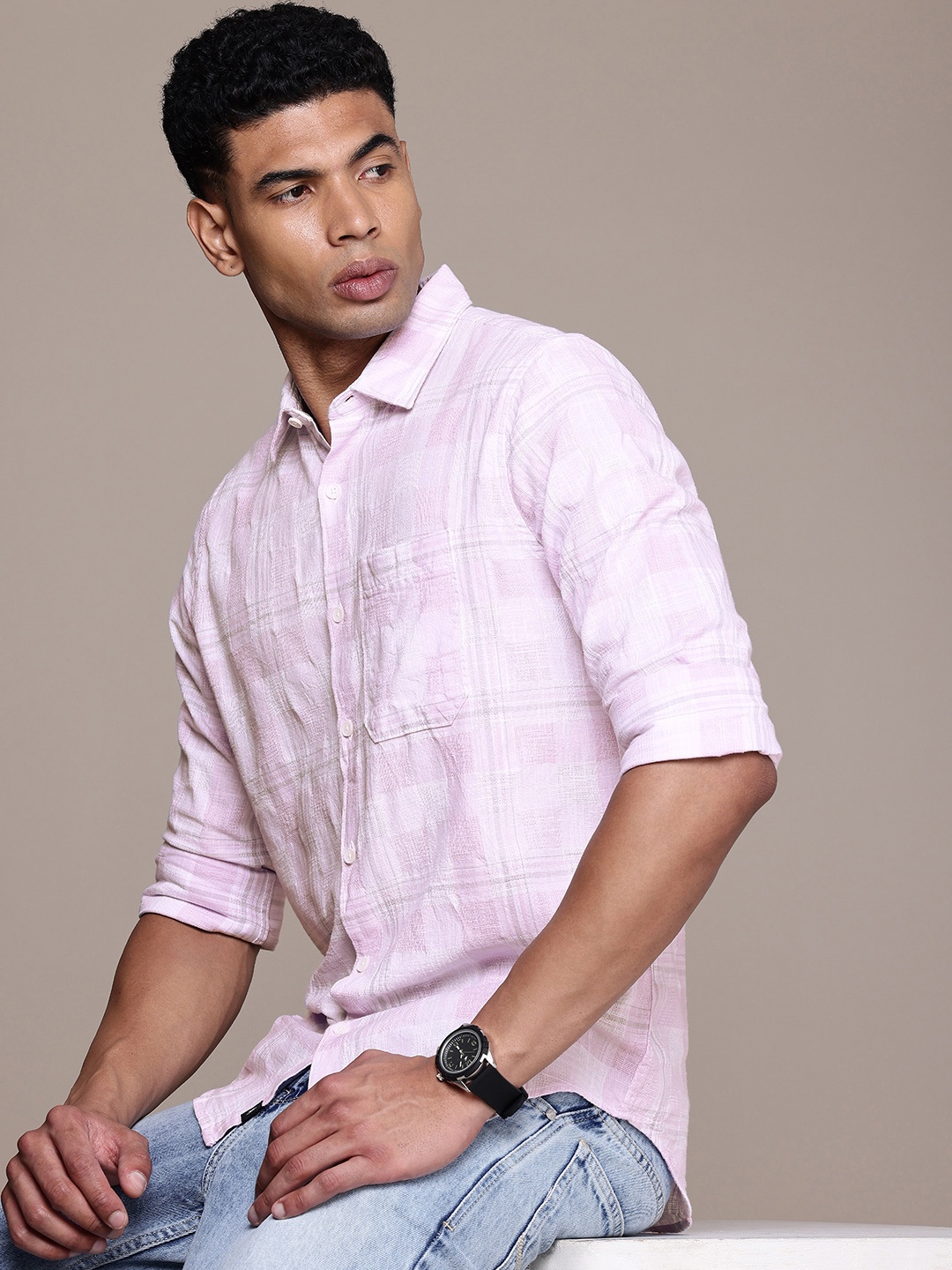 

WROGN Pure Cotton Slim Fit Checked Casual Shirt, Pink