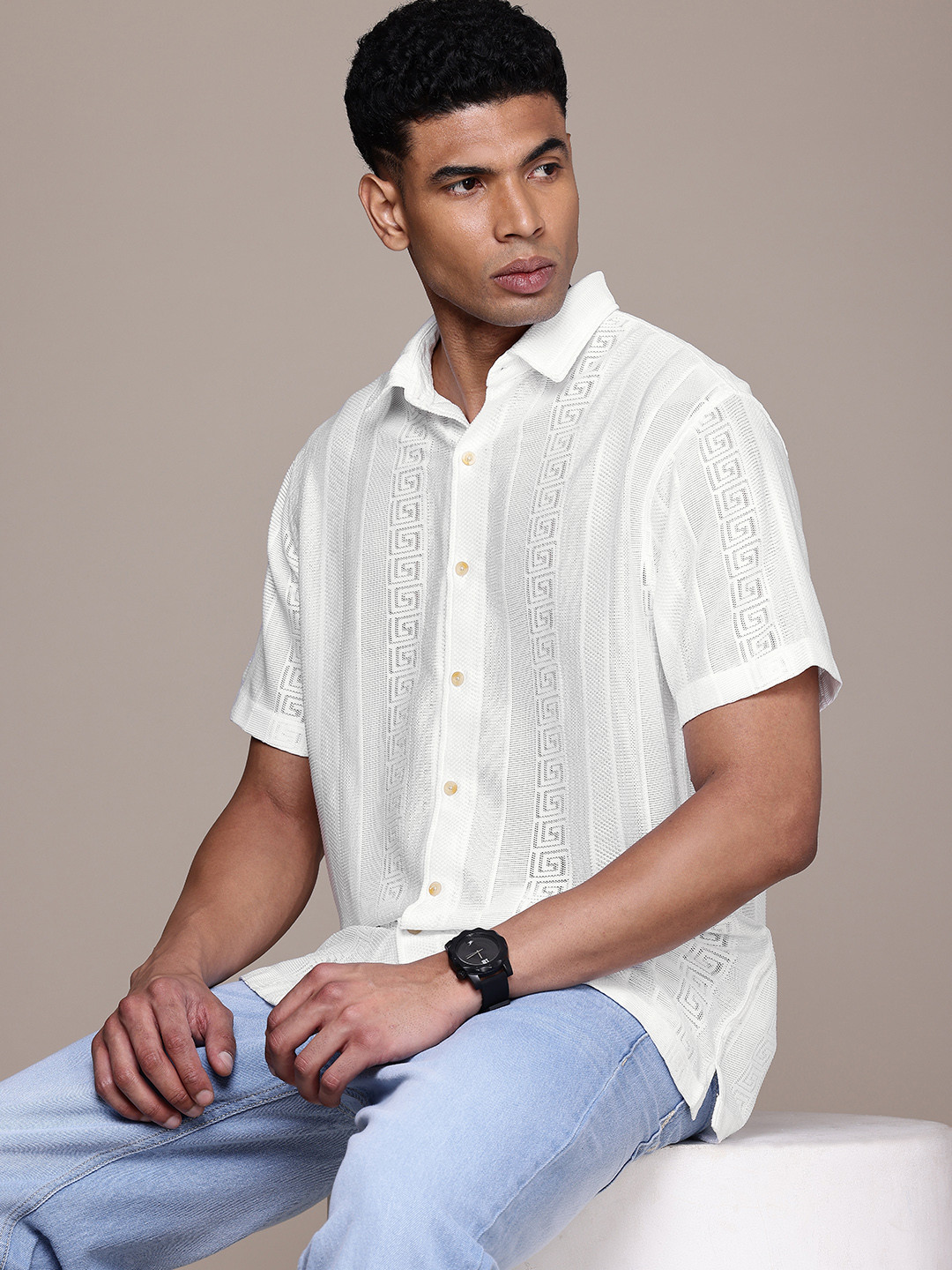 

WROGN Self Design Textured Semi Sheer Casual Shirt, White