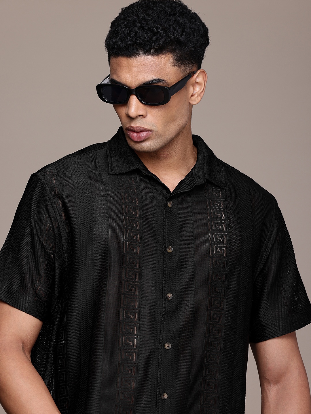 

WROGN Self Design Textured Semi Sheer Casual Shirt, Black