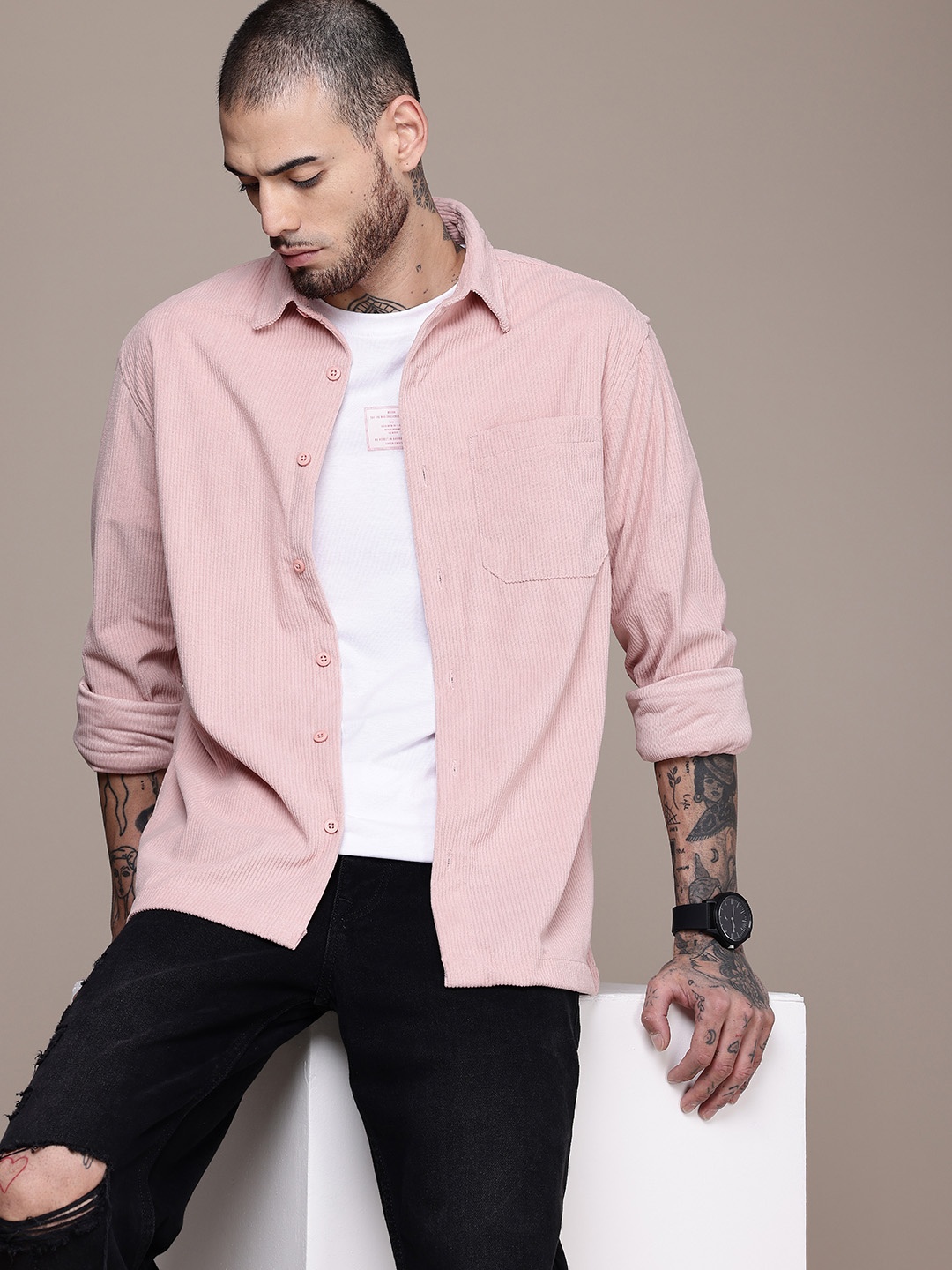 

WROGN Corduroy Opaque Casual Shirt, Pink
