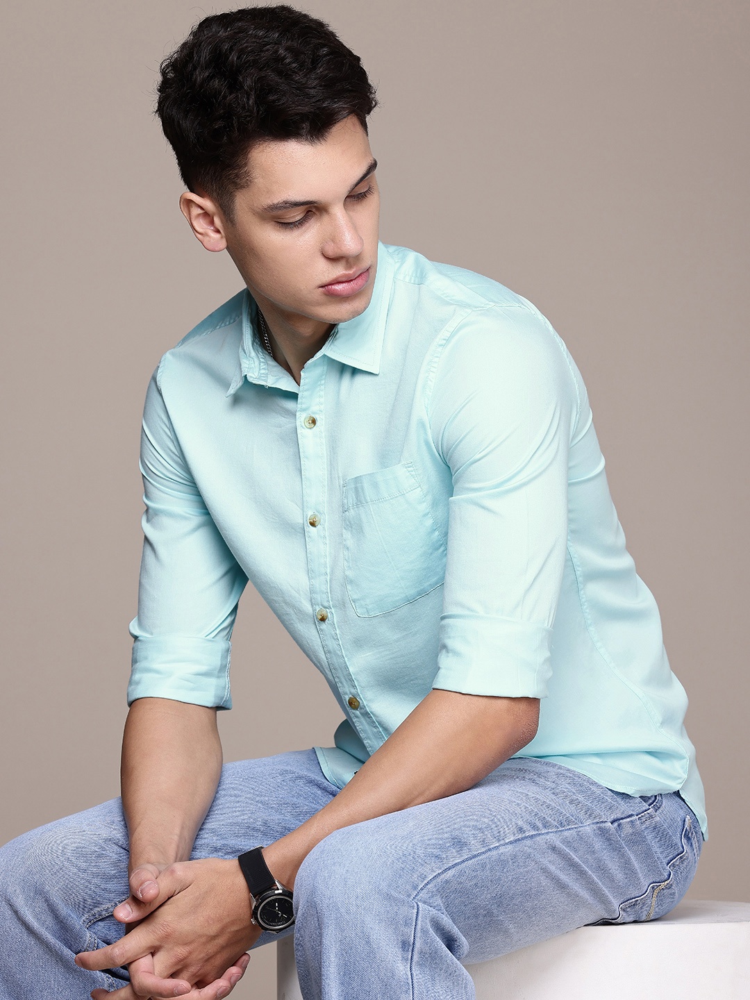 

WROGN Slim Fit Pure Cotton Casual Shirt, Blue