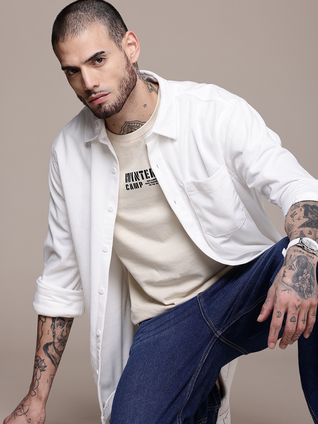 

WROGN Corduroy Opaque Casual Shirt, White