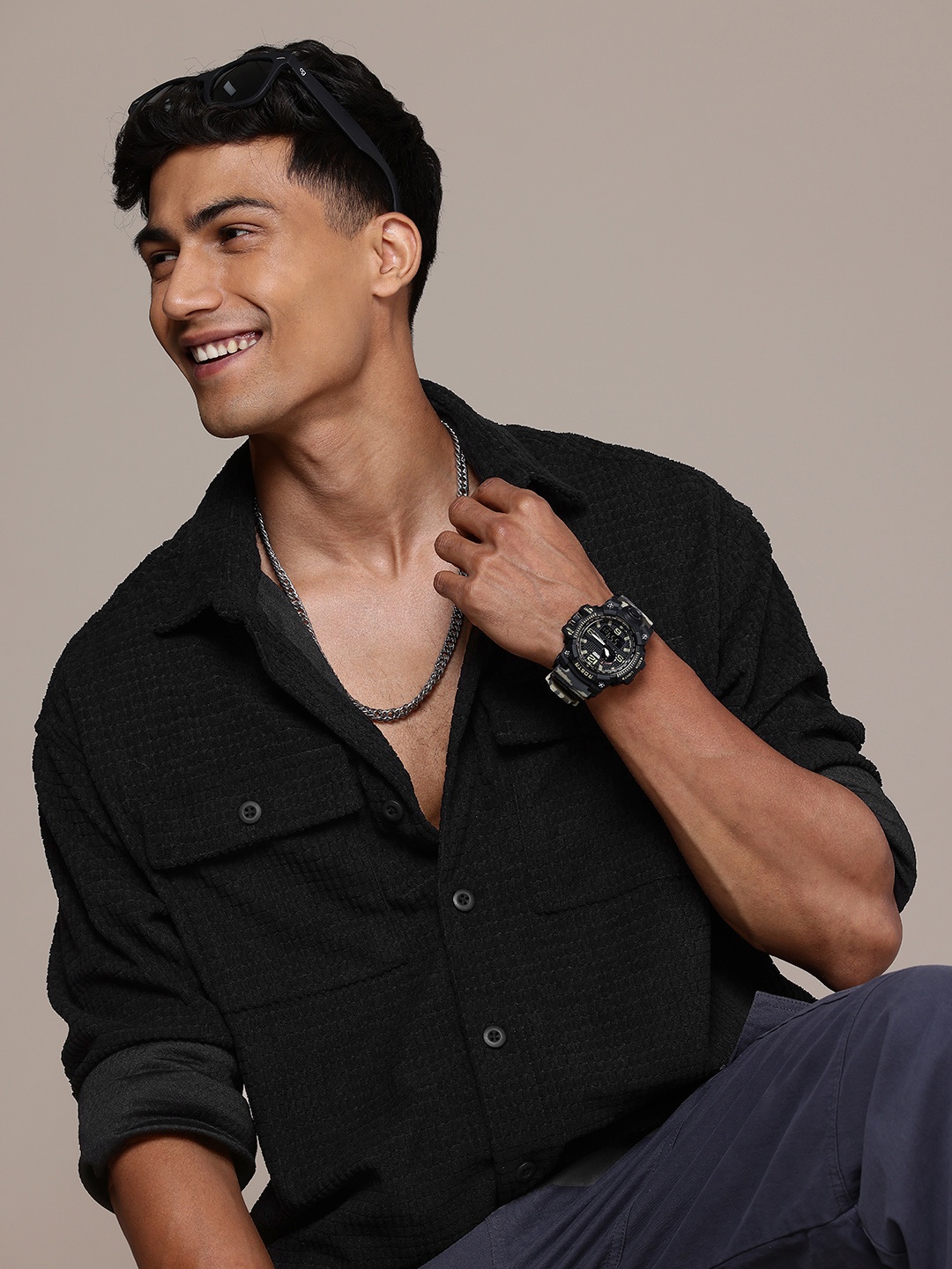 

WROGN Self Design Textured Oversized Casual Shirt, Black