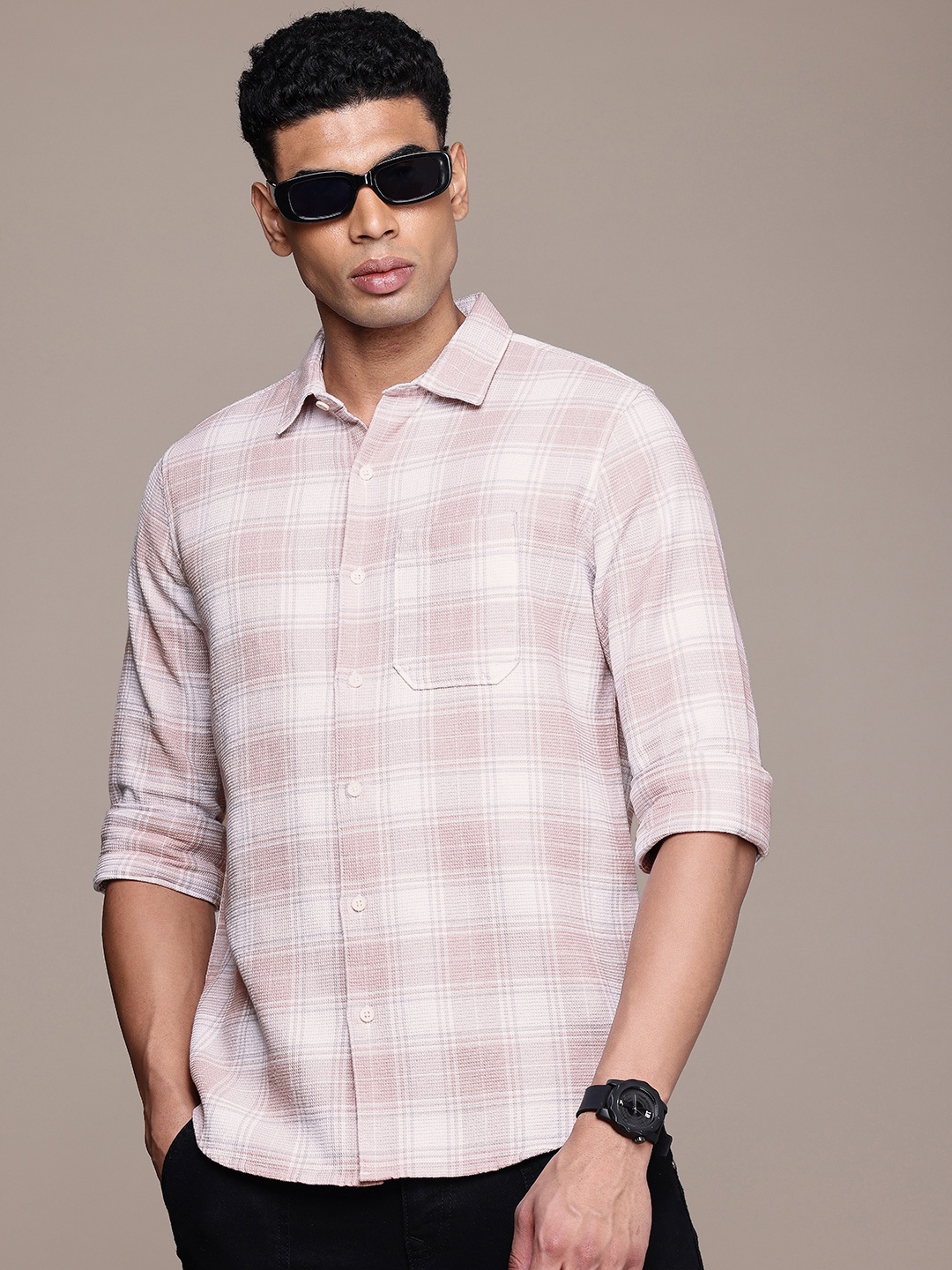 

WROGN Pure Cotton Slim Fit Checked Casual Shirt, White