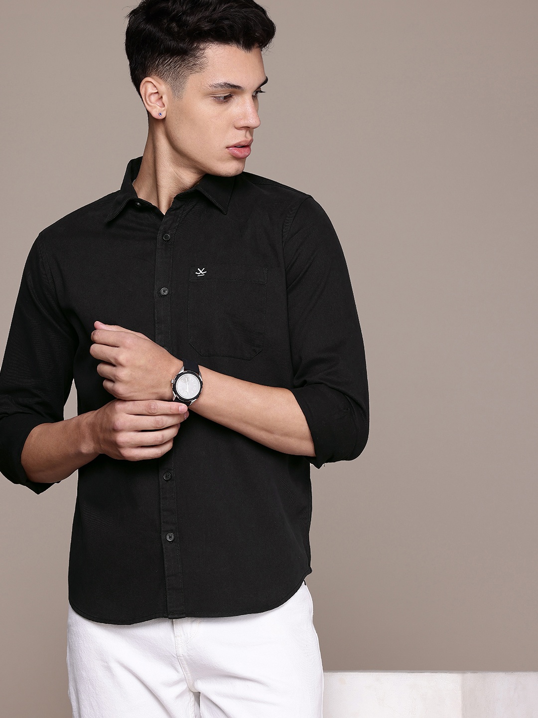 

WROGN Solid Slim Fit Casual Shirt, Black