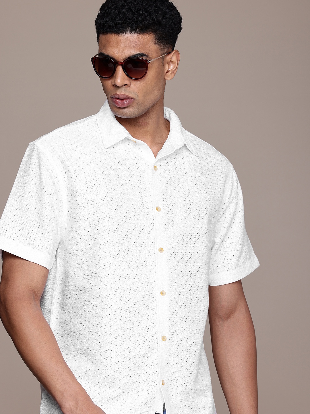 

WROGN Self Design Textured Casual Shirt, White