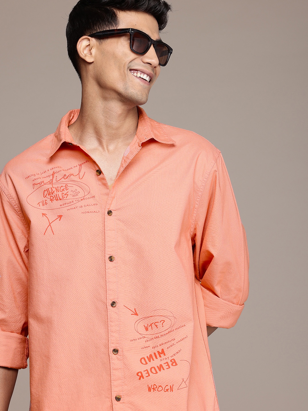 

WROGN Men Pure Cotton Printed Casual Shirt, Orange
