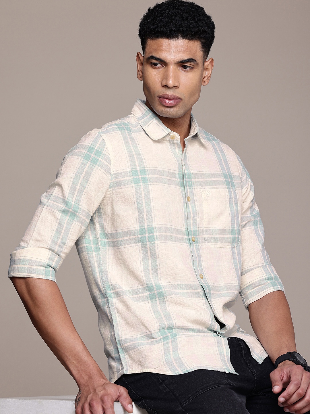 

WROGN Pure Cotton Slim Fit Checked Casual Shirt, Blue