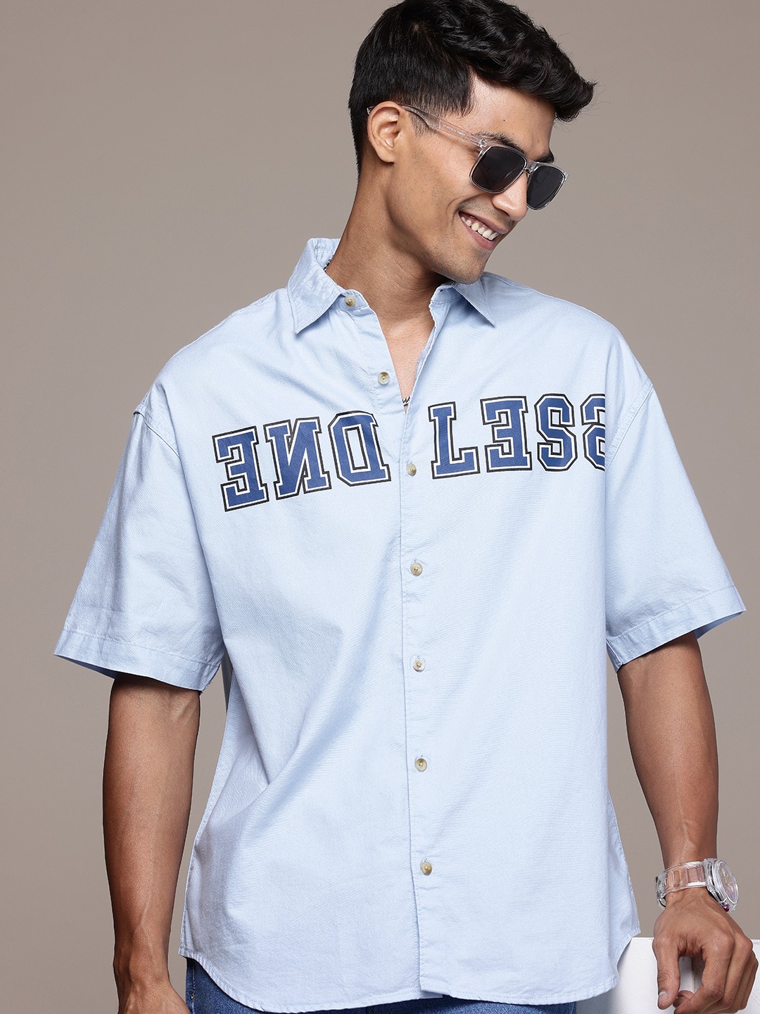 

WROGN Printed Oversized Pure Cotton Casual Shirt, Blue