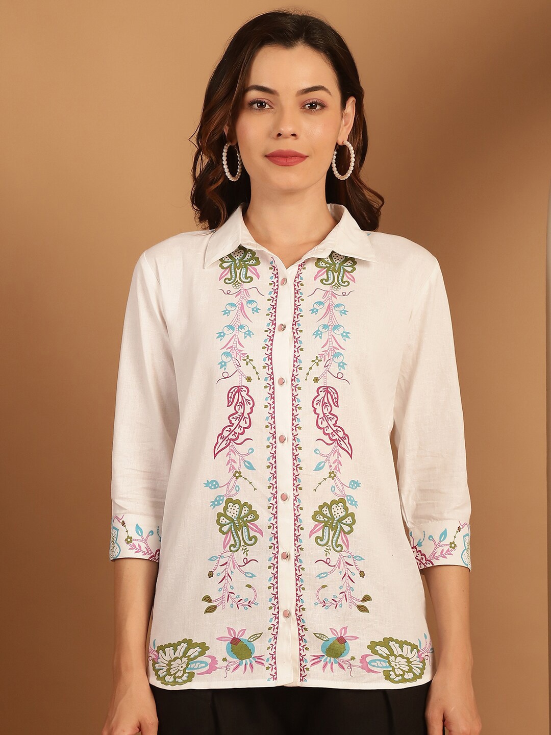 

Tulsattva Classic Floral Printed Opaque Cotton Casual Shirt, White