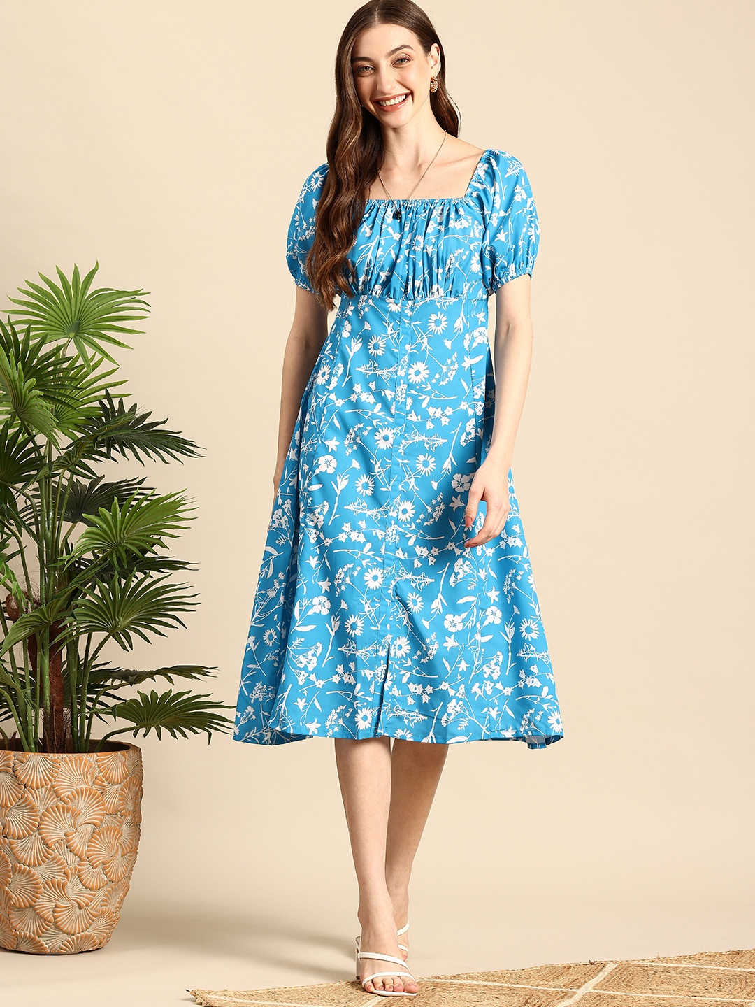 

Mast & Harbour Floral Printed Puff Sleeves A-Line Midi Dress, Blue