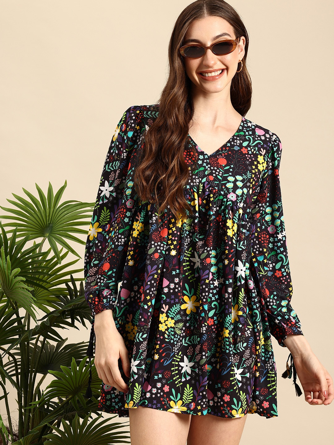 

Mast & Harbour Floral Printed Puff Sleeves A-Line Mini Dress, Black