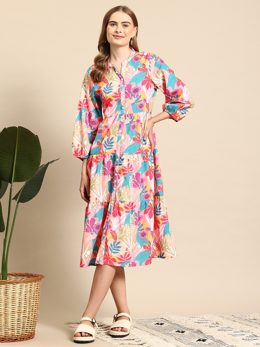 

Mast & Harbour Floral Print Puff Sleeves A-Line Midi Dress, Multi