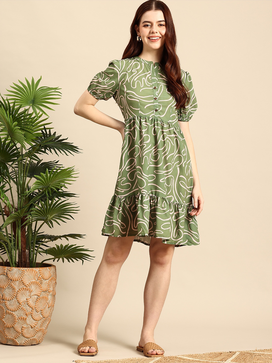 

Mast & Harbour Printed Puff Sleeves A-Line Dress, Green