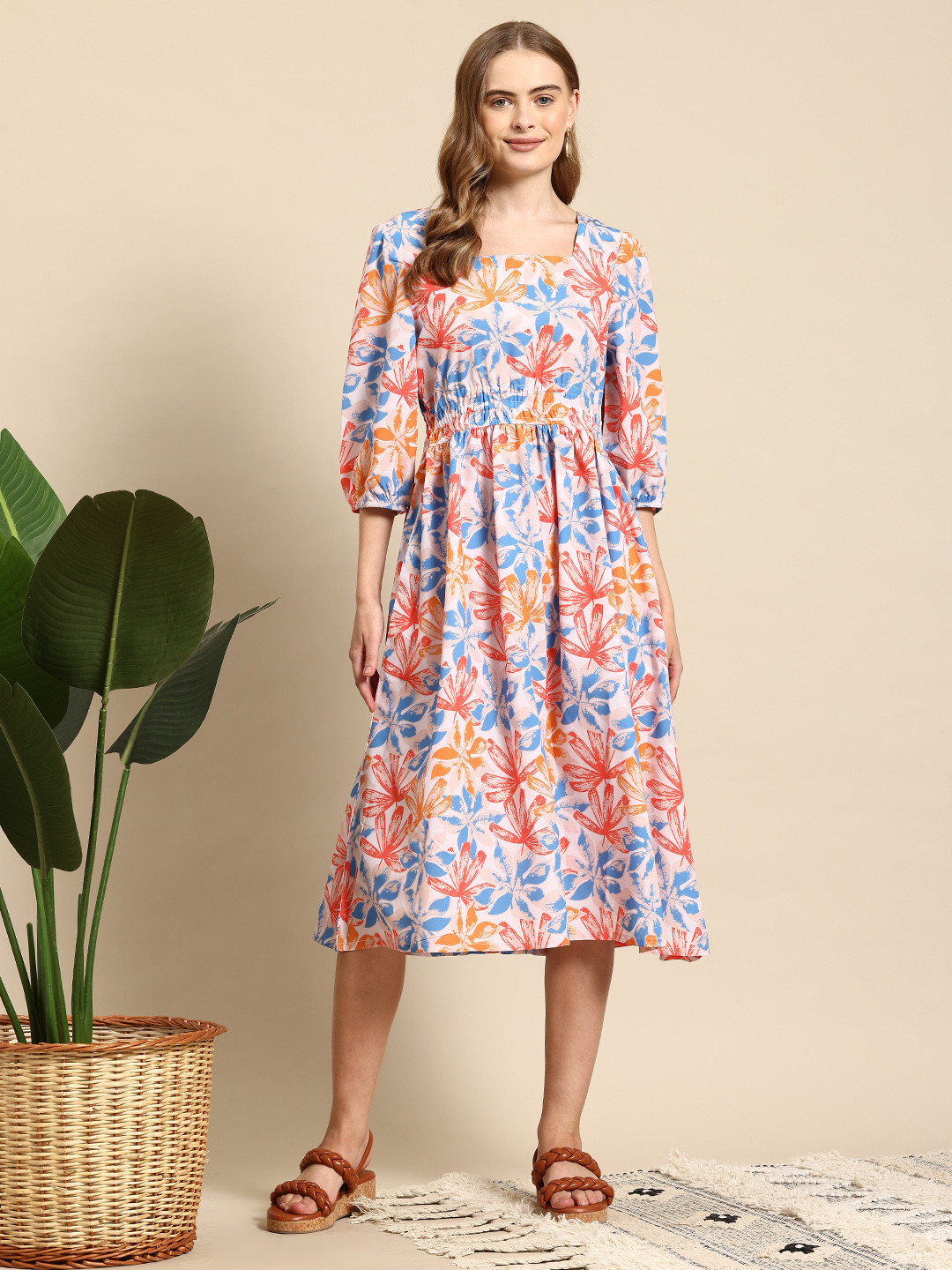 

Mast & Harbour Floral Print Puff Sleeves A-Line Midi Dress, White