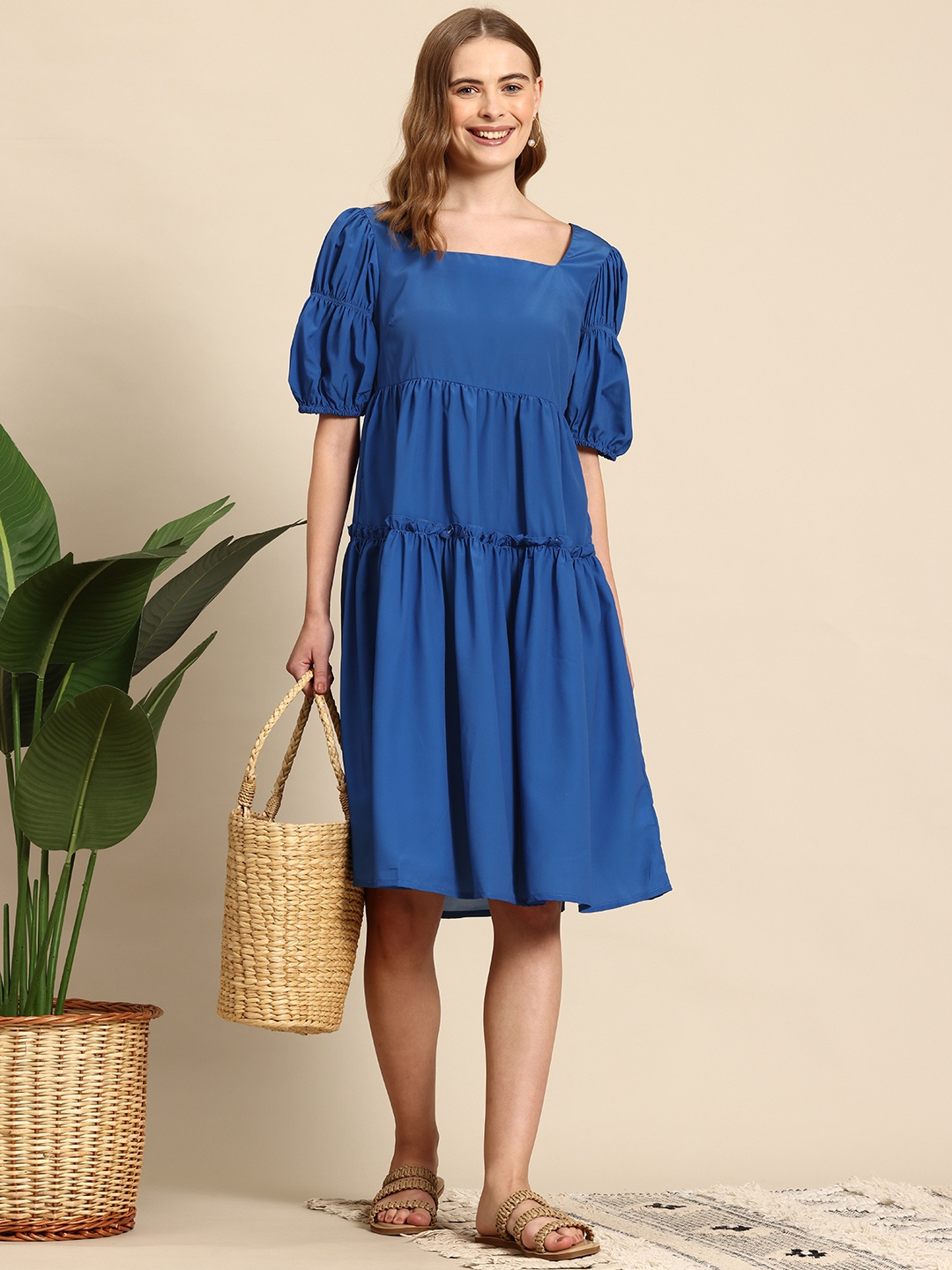 

Mast & Harbour Puff Sleeve Ruffled Fit & Flare Dress, Blue